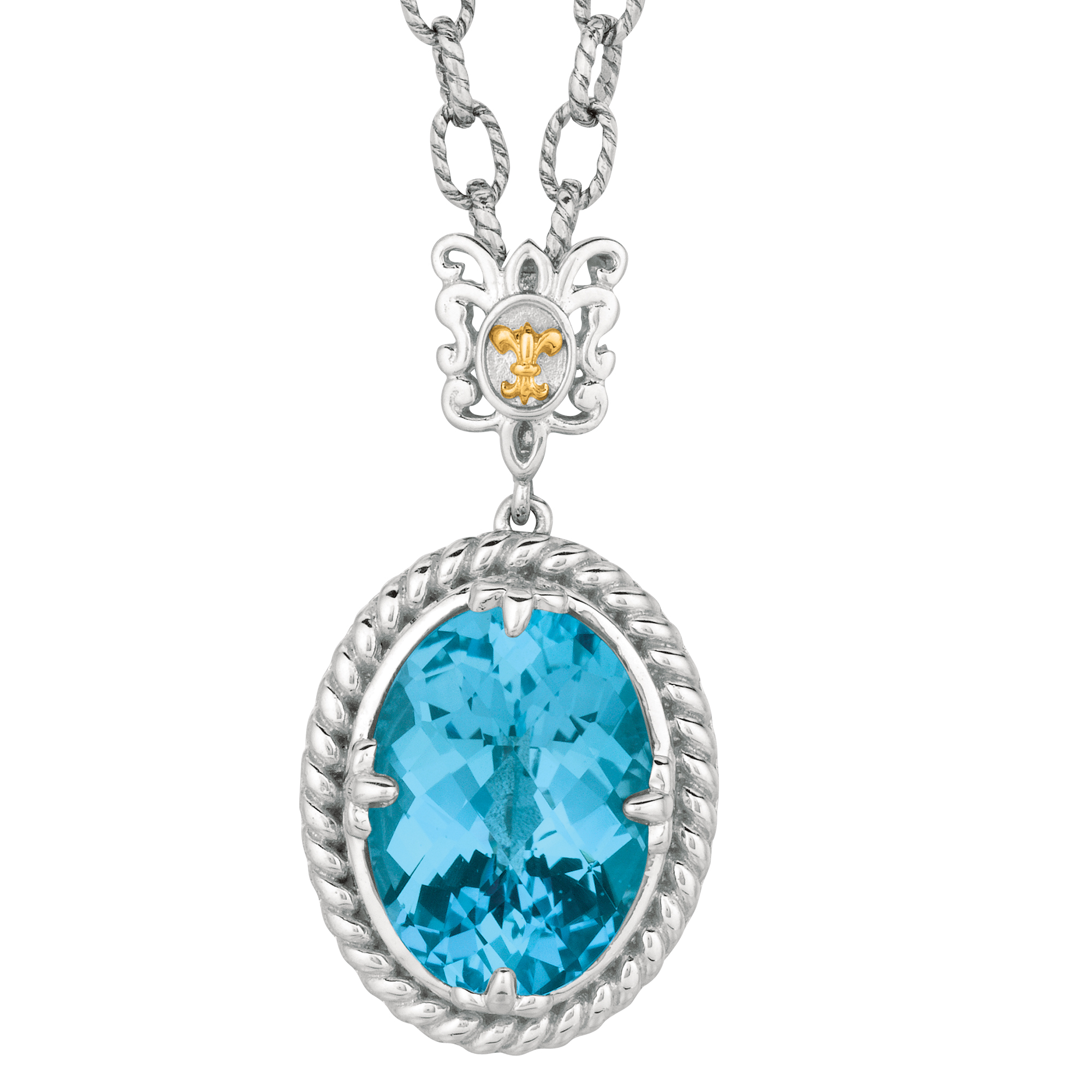 18Kt Yellow Gold Oxidized Silver 18X13mm Oval Pendant with Blue Topaz ...